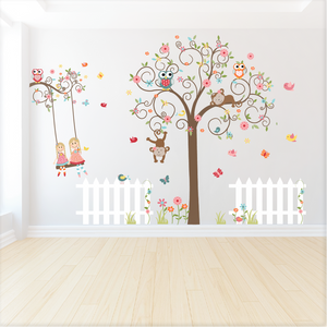 Flower Swirl Tree with Dolls on a Swing Wall Decals