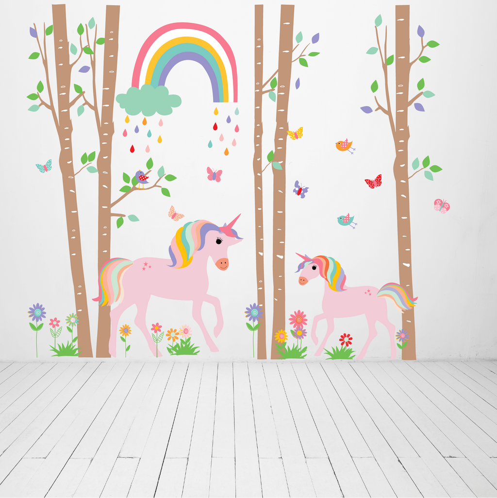 Playful Unicorns with Birch Trees Wall Decals