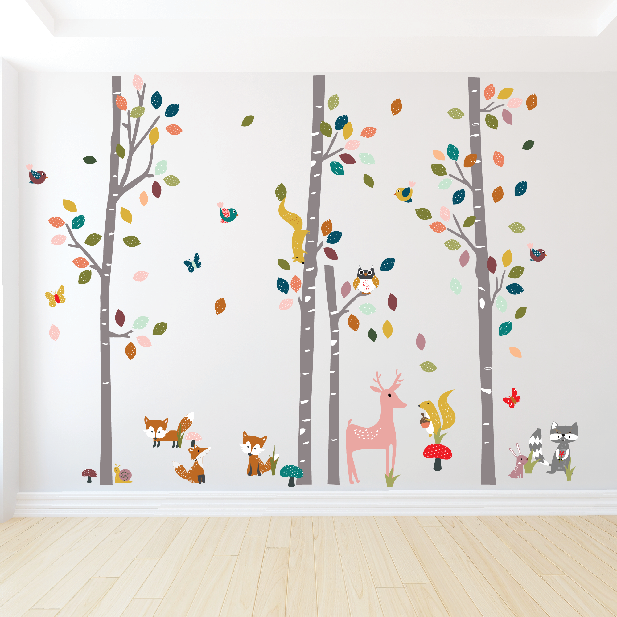 Boho Leaf Trees with Forest Animals Wall Decals