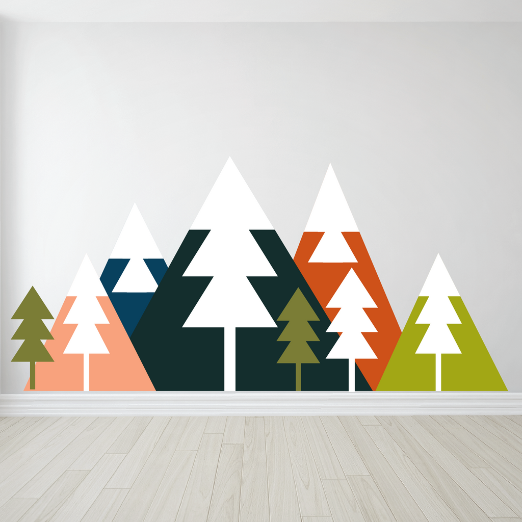 Large mountain wall decals, geometric triangle mountain stickers, kids room decor, colorful forest nursery decor, mountain wall art
