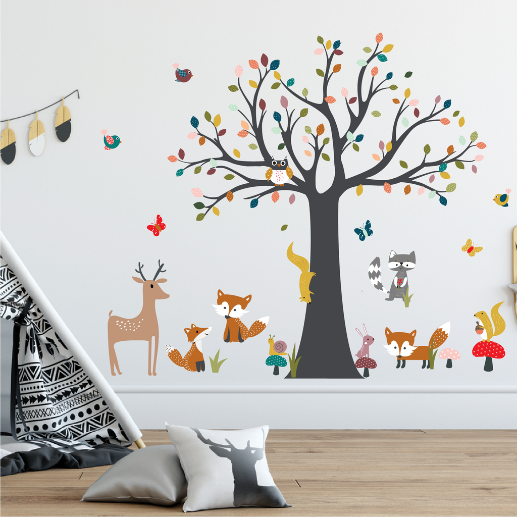 Boho Leaf Trees with Forest Animals Wall Decals